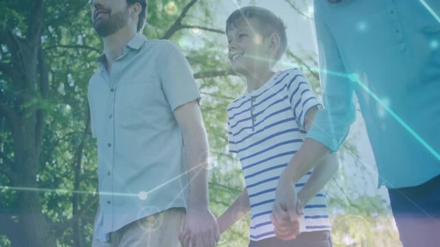 Family trio walking woodland, overlay shifting and lens flares revealing hand-holding for tech demo
