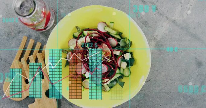 Data feed starting, translucent graphs rising over yellow bowl and salad, visualizing data trends