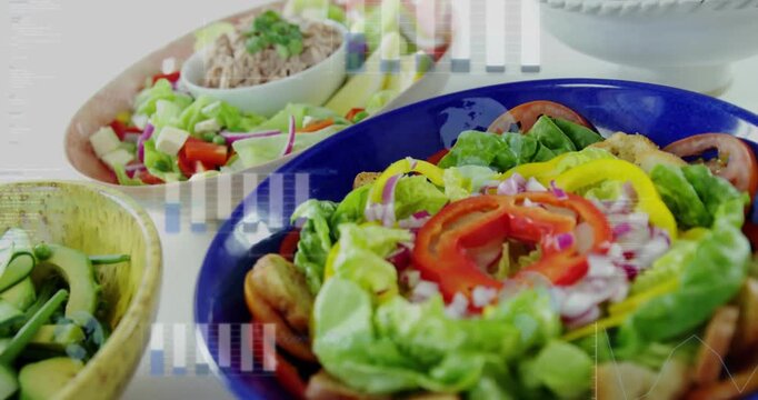 Overlays appearing, camera shifting rightward, blue salad bowl moving into focus revealing croutons