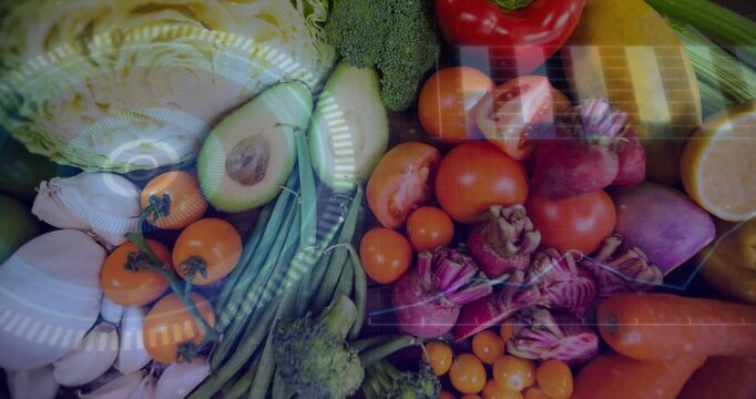 Produce sitting on tray, HUD appearing on play, pulsing, scanning, showing freshness for food tech