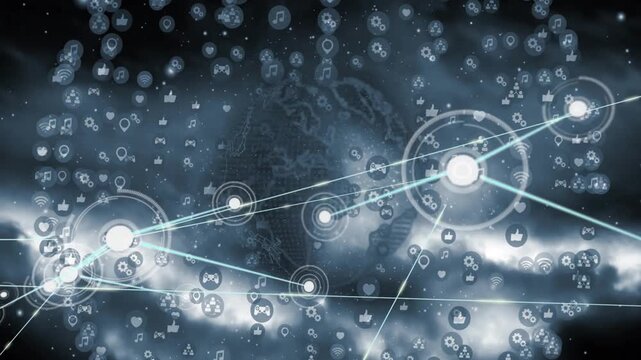 Hub nodes lighting, emitting beams and ripples, globe hosting growing media network mapping icons