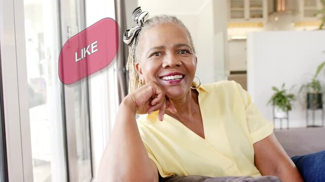 Bright woman on sofa smiling laughing as CTA bubbles appearing from left hiding face driving clicks
