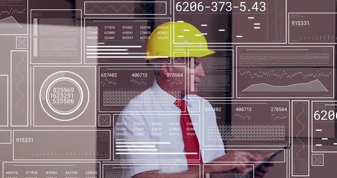 Male site inspector tapping tablet, glancing right then forward while watching HUD charts updating