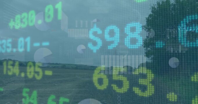 Translucent finance ticker overlay pulsing over farmland, receiving market feed, updating currency