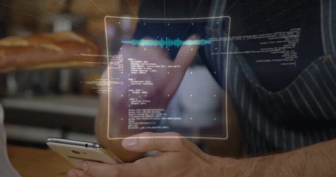 Bakery worker leaning on counter, tapping phone and invoking holo UI monitoring code and waveform