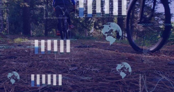 Two cyclists pedaling forest trail as graphics fading in, tech HUD tracking ride metrics