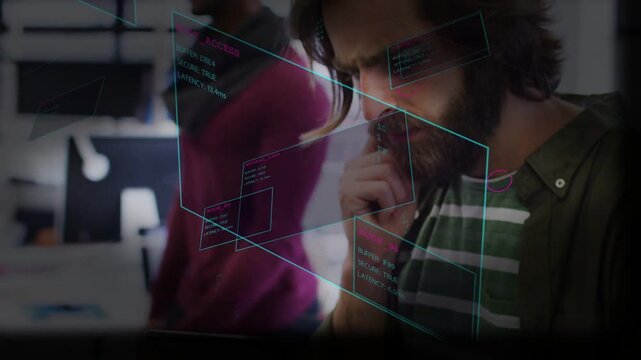 Bearded man raising hand, leaning over tablet while cyan panels sliding, camera zooming for review