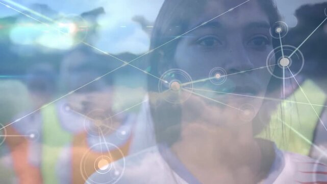 Cloud and single node appearing, network nodes spreading over woman, pulsing and showing links