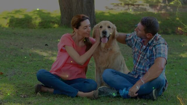 Vertical video: Particles appearing, couple petting dog, leaning closer and posing for portrait