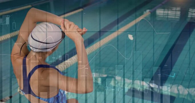 Swimmer performing arm rotations and cap adjustments, responding to pre-start cue with data overlay