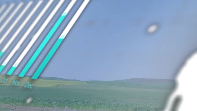 Vertical video: Playback starting overlay moving over hills showing month bars and map for finance