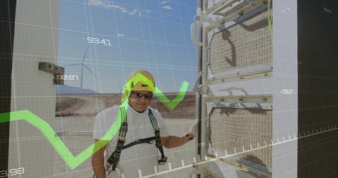 Tech stepping in from left, inspecting panels for wind tower service while overlays moving, ignored