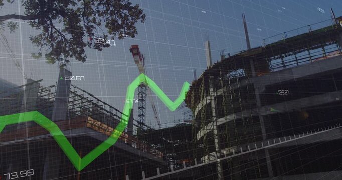 Construction crew watching building edge, green graph entering left over crew showing progress