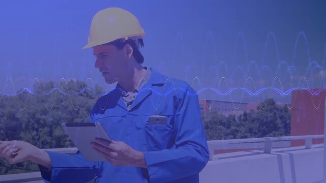 Construction worker tapping tablet, activating wavy overlay and showing safety metrics for checks