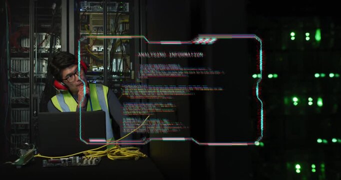Vertical video: HUD appearing, tech in vest monitoring servers on laptop at DC, with yellow cables