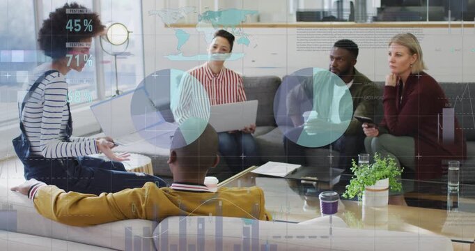 Lead flipping binder and guiding business team in lounge, causing animated charts showing metrics