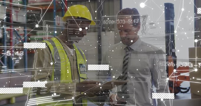 Worker and manager reviewing clipboard pointing racks as data overlay tracking warehouse stock