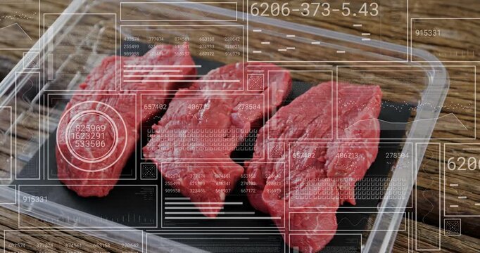 Displaying four meat cuts on black liner on wooden slats, clear tray updating HUD readouts, dial