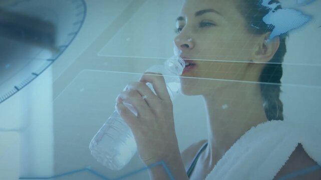 Vertical video: Drinking woman in sports bra lifting bottle post-workout in gym, towel and overlays