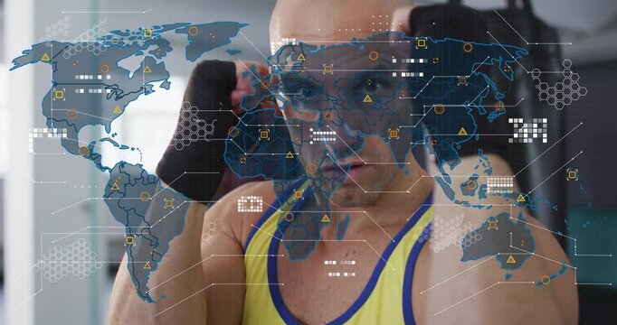 Fit man adjusting wrist wraps, holding guard in gym, preparing for sparring with HUD appearing