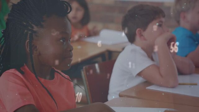 Female student raising hand after teacher asking question, numeric overlays drifting over students