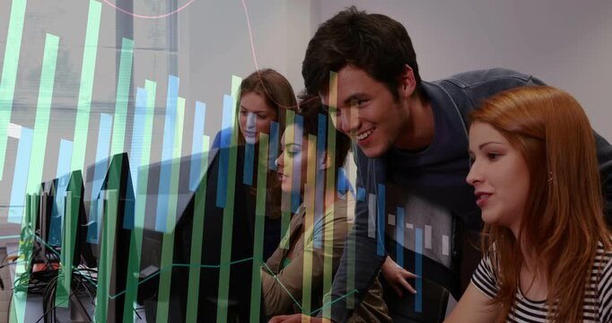 Peers in edu lab analyzing overlaid chart, right pointing causing center typing, group clustering