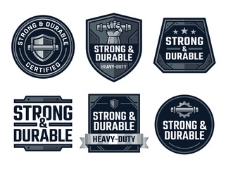 Obraz premium Strong and durable product label emblem set, shield badges for heavy duty certification, flat vector.