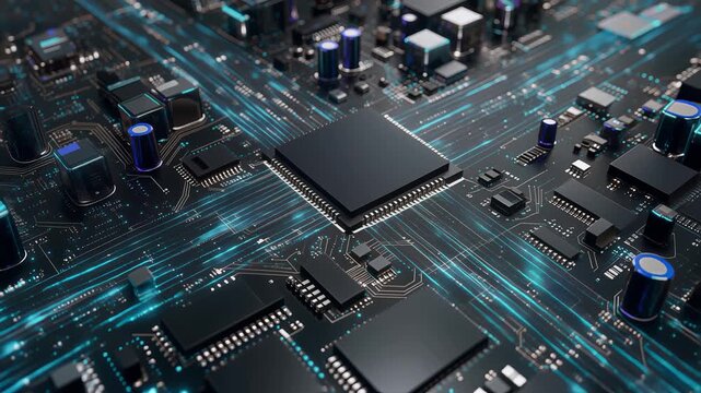 Motherboard Processor Chipset with Glowing Neural Data Transfer. Future AI Technology. Powerful Quantum CPU Artificial Intelligence.