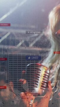 Vertical video: Singer making music, adjusting mic, causing city grid and like subs badges drifting