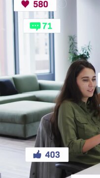 Vertical video: Badges popping woman turning head smiling talking while counters rising for growth