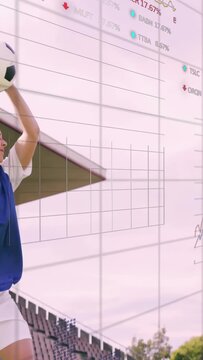 Vertical video: From crouch female player lifting, throwing ball ahead as finance charts overlaying
