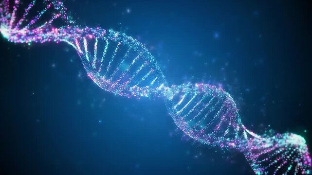 Human DNA genome double helix animation. Concept of future biotechnology, medicine, genetic engineering, research. Colourful DNA particles isolated on the blue gradient background
