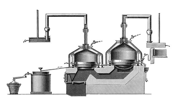Evaporator for Sulfuric Acid Production, classic distillation setup with kettles, pipes, and collection vessel, old vintage illustration, 1897.