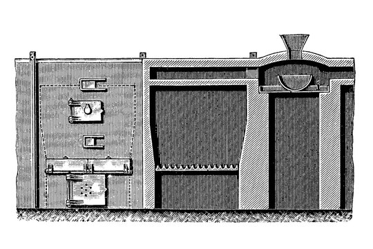 Pyrites Burner in cross-section, industrial apparatus for sulfuric acid production with pipes and vents, old vintage illustration, 1897.