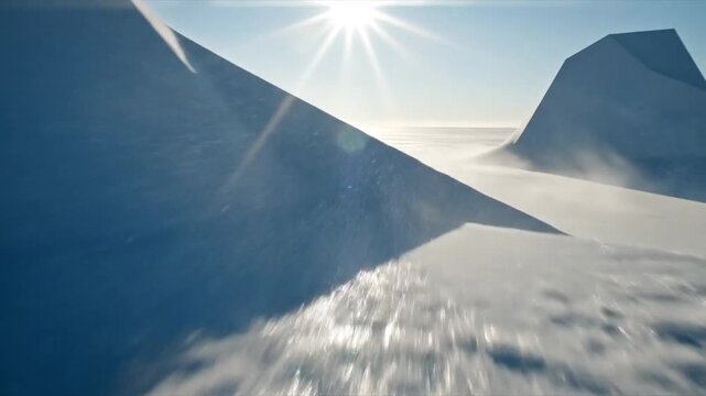 Stunning View of Geometric Iceberg Formations Surrounded by Sweeping Winds Across a Vast Polar Landscape