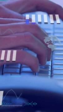 Vertical video: Fingers starting typing, hands sliding across keyboard while HUD updating data