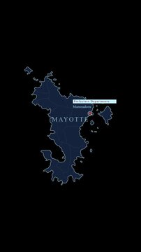 Vertical infographic map of Mayotte showing departments and highlighting capital city Mamoudzou on black background
