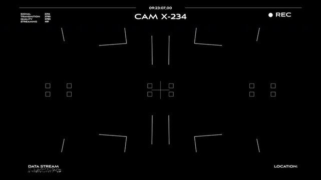 Complex white digital interface with camera framing and technical monitoring data. Excellent for high-tech surveillance scenes, scientific research, and advanced cyber security visuals.