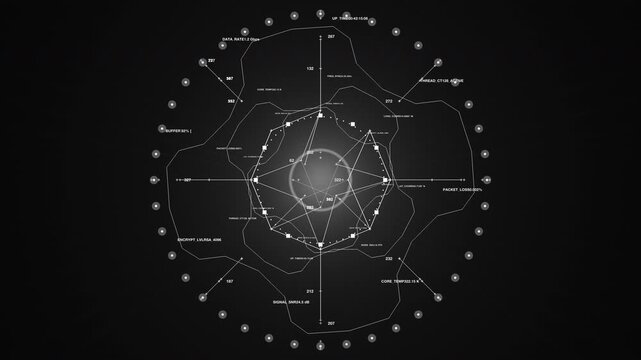 A complex, circular digital interface featuring intricate text data, coordinate mapping, and tactical schematics. Perfect for representing cybersecurity defense, AI logic, or military tech.