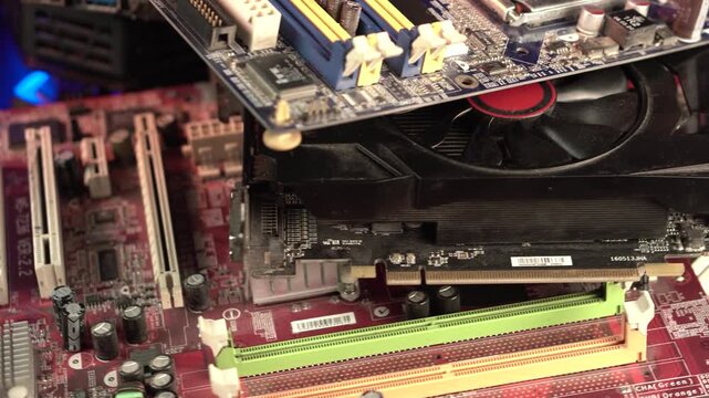 Electronic Waste, Old User Computer Motherboards and Graphic Cards, Close Up