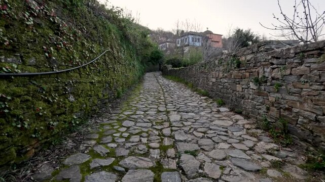 A cobblestone path winds through a small village surrounded by greenery and rustic stone walls. The light of late afternoon casts shadows on the stones.