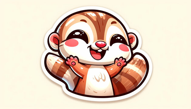 Cute cartoon chipmunk sticker character with happy expression and raised paws