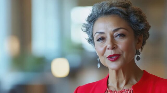 A professional businesswoman dressed in a red suit and speaking at an event. Her confident posture suggests she is a knowledgeable speaker, likely addressing an audience on a topic of interest or