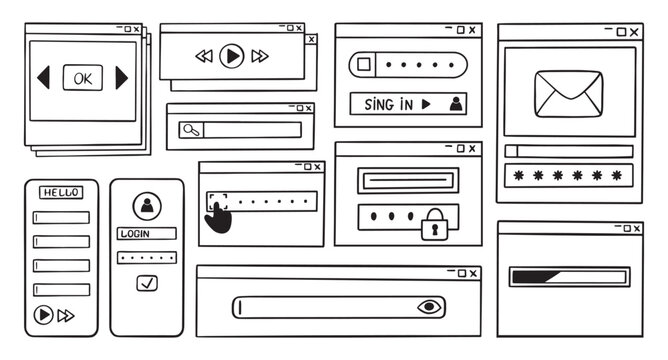 User interface doodle. Browser search bar, personal email agent, app login. Safety and security digital windows, file systems, entrance forms, neoteric vector set