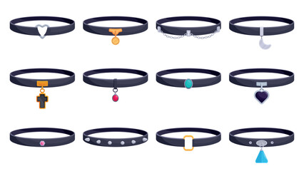 Neck chokers. Black leather or velvet neck stripes, decorative accessories for girls with silver gold jewelry pendants. Stylish accessory sapid vector clipart