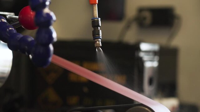 Slow motion close-up of knife sharpening with water cooling system in Malaysia, showing precision grinding, liquid spray, and industrial craftsmanship in detail. UHD.