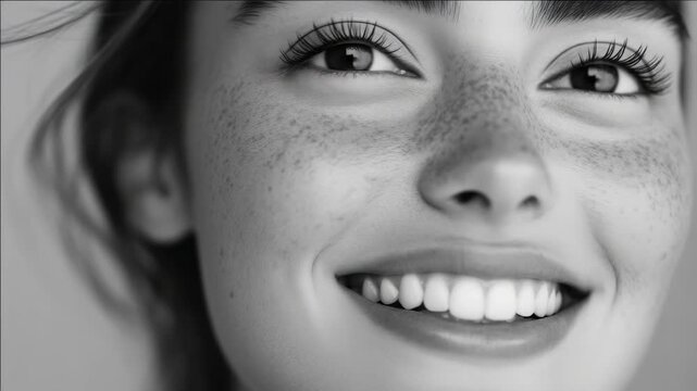 Portrait of a woman with freckles, closed eyes, and a radiant smile.