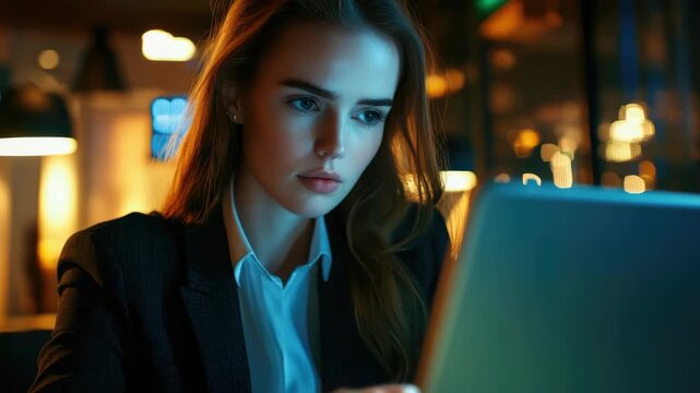 A young woman engrossed in her work on a laptop at night.