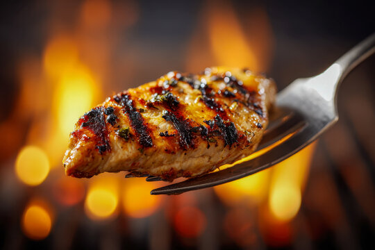 Grilled seasoned chicken breast held on a fork with glowing cooking flames in the background showcasing a delicious barbecue meal idea