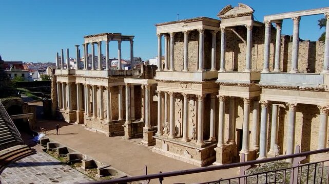 Roman Theatre of M&eacute;rida. Panoramic view of the theatre and seating. Roman Empire architecture. M&eacute;rida, Spain.